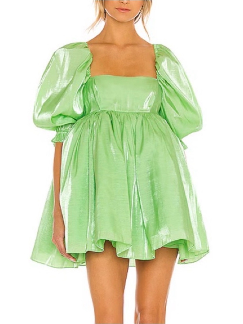 SELKIE Shiny Puff Sleeve Mini Dress in Light Green